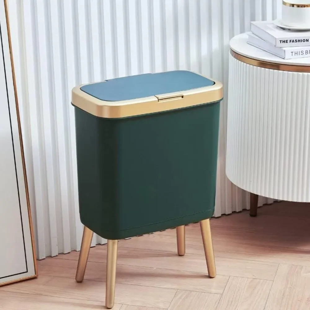 Small Trash Can with Lid 4 Gallon Push Button Waste Bin Gold Edge Bathroom
